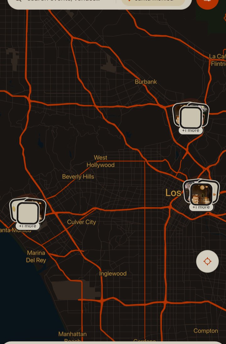 Sidetracked's night map of Los Angeles with event pins glowing across the city