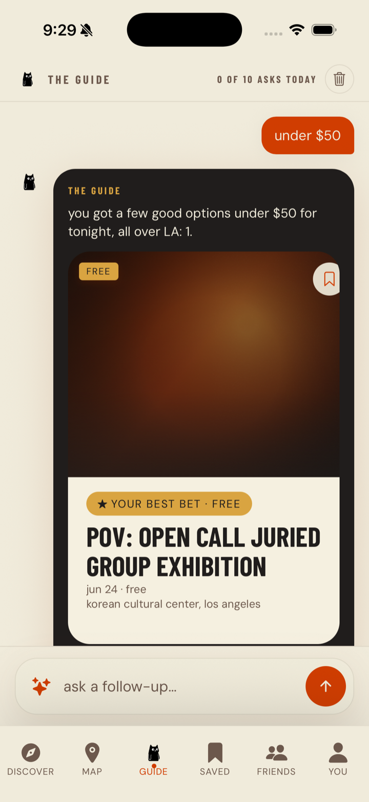 Sidetracked AI Guide answering questions about LA events