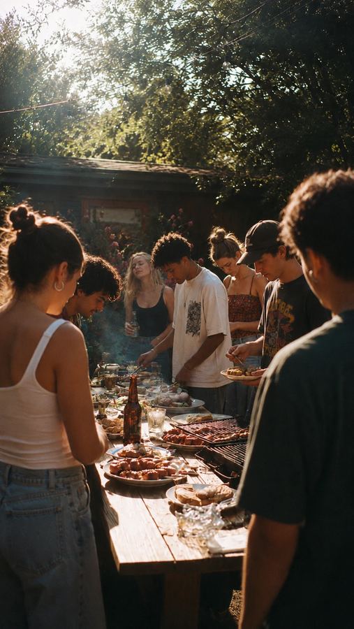 Friends around a backyard barbecue in dappled light