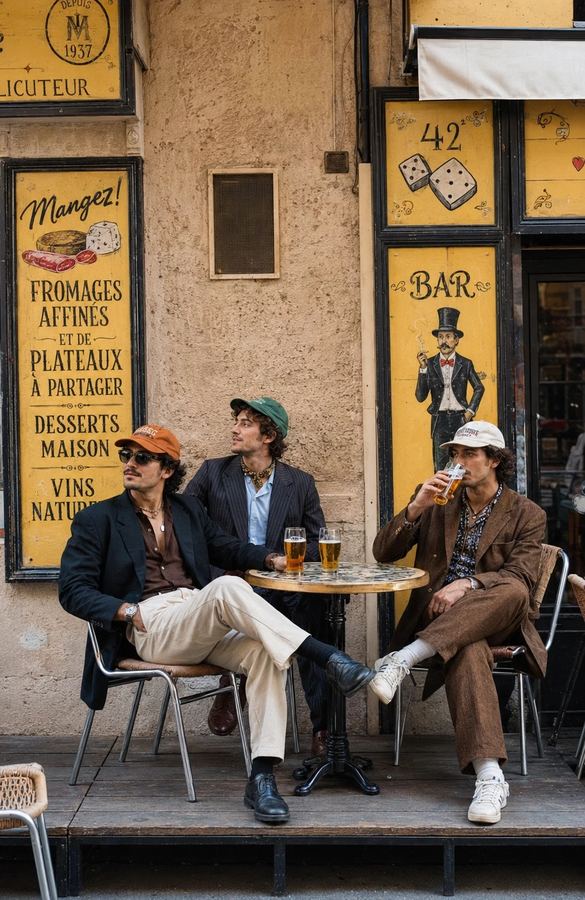 Three friends with beers at a cafe patio table